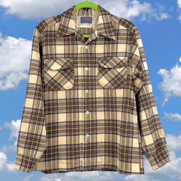 Vintage Pendleton Wool Board Shirt Flannel Plaid Loop Collar Flap Pockets Medium - Picture 1 of 10
